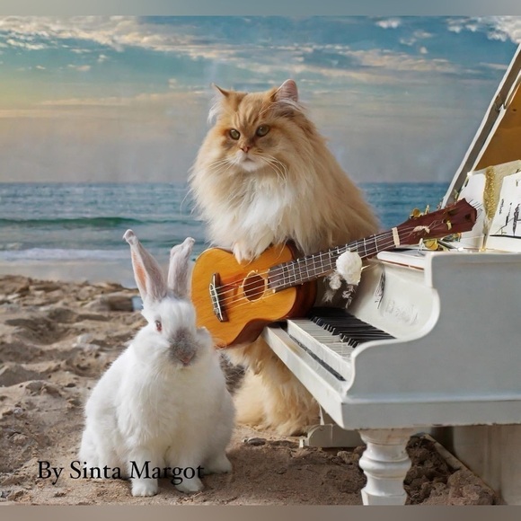 Hand Crafted Other - Digital ai art by me of a cat and rabbit on a beach with instruments print NWT